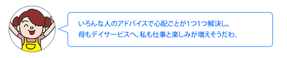 いろんな人のアドバイスで心配ごとが1つ1つ解決し、母もデイサービスへ、私も仕事と楽しみが増えそうだわ。