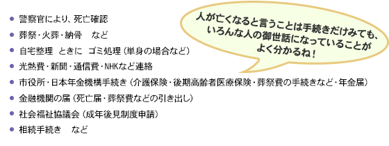 Aさんが亡くなったときの手続きなどの主な例