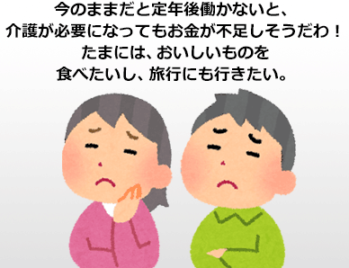 今のままだと定年後働かないと、介護が必要になってもお金が不足しそうだわ！たまには、おいしいものを食べたいし、旅行にも行きたい。