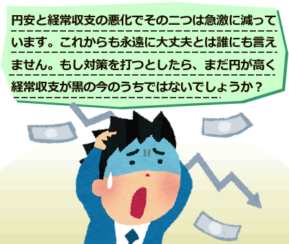  円安と経常収支の悪化でその二つは急激に減っています。これからも永遠に大丈夫とは誰にも言えません。もし対策を打つとしたら、まだ円が高く経常収支が黒の今のうちではないでしょうか？