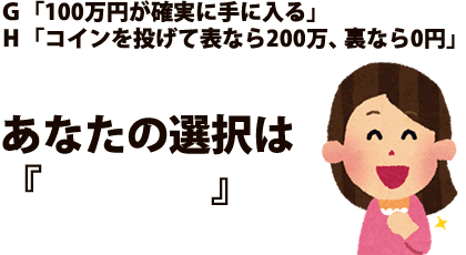 Ｇ「100万円が確実に手に入る」Ｈ「コインを投げて表なら200万、裏なら0円」あなたの選択は『　　　　』