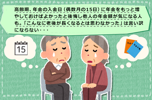 高齢期、年金の入金日（偶数月の15日）に年金をもっと増やしておけばよかったと後悔し他人の年金額が気になる人も。「こんなに老後が長くなるとは思わなかった」は言い訳にならない・・・