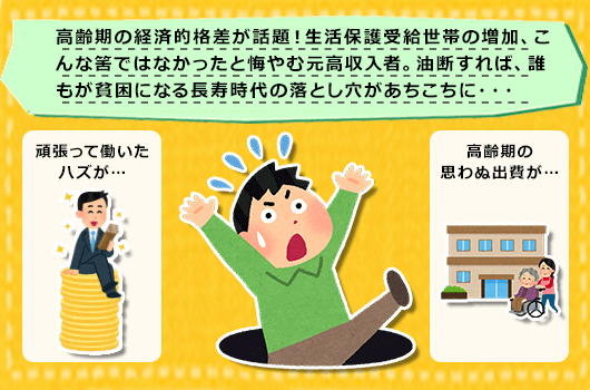 高齢期の経済的格差が話題！生活保護受給世帯の増加、こんな筈ではなかったと悔やむ元高収入者。油断すれば、誰もが貧困になる長寿時代の落とし穴があちこちに・・・