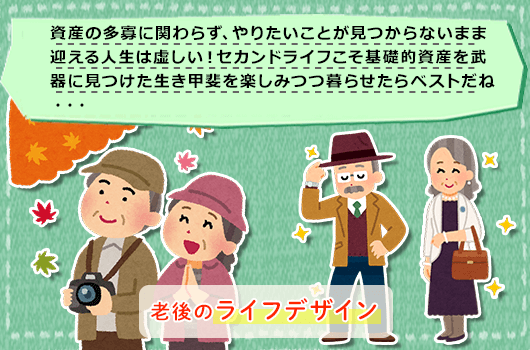 資産の多寡に関わらず、やりたいことが見つからないまま迎える人生は虚しい！セカンドライフこそ基礎的資産を武器に見つけた生き甲斐を楽しみつつ暮らせたらベストだね・・・