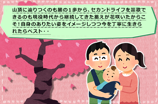 山頂に辿りつくのも麓の１歩から、セカンドライフを謳歌できるのも現役時代から継続してきた蓄えが花咲いたからこそ！自身のありたい姿をイメージしつつ今を丁寧に生きられたらベスト・・